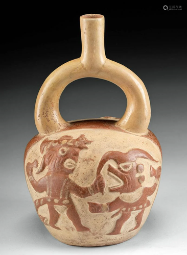 Moche Bichrome Stirrup Vessel, Ai Apaec Warriors