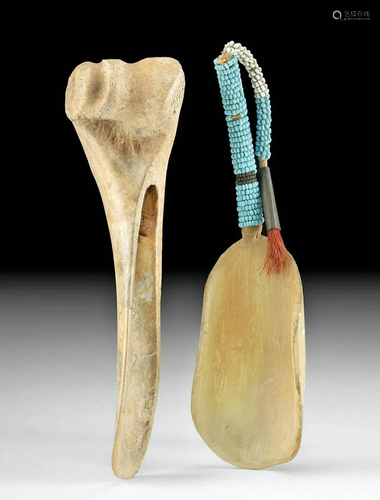 19th C. Sioux Beaded Horn Spoon + Bone Scraper Tool