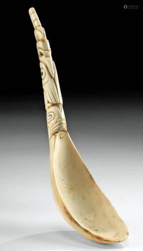 20th C. Haida Horn Spoon Totemic Handle Nacre Inlay