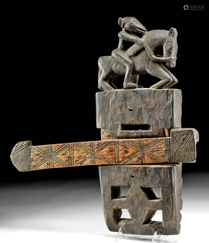 20th C. African Dogon Wood Door Lock w/ Horse & Rider