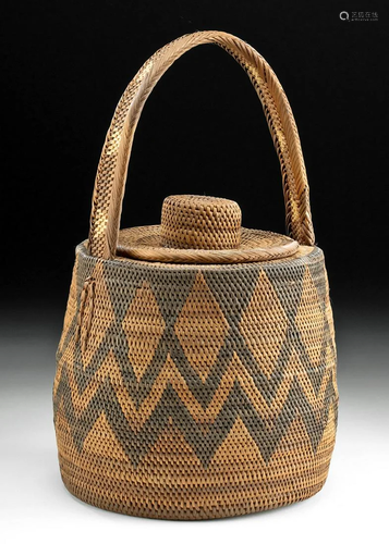 20th C. Papua New Guinea Buka Rattan Basket w/ Lid