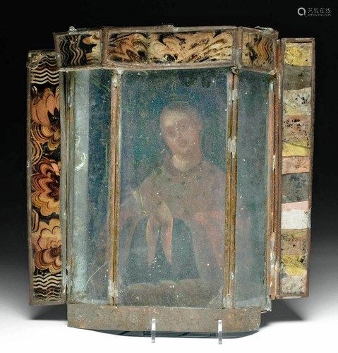 20th C. Mexican Tin Nicho w/ Retablo of Virgin Mary