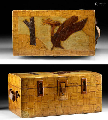 20th C. American Tramp Art Wood Chest w/ Pelican