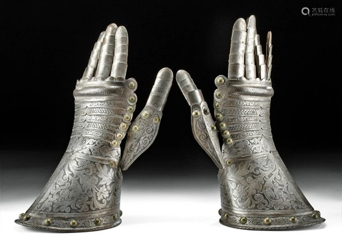 19th C. English Steel Gauntlets Etched Designs (pr)