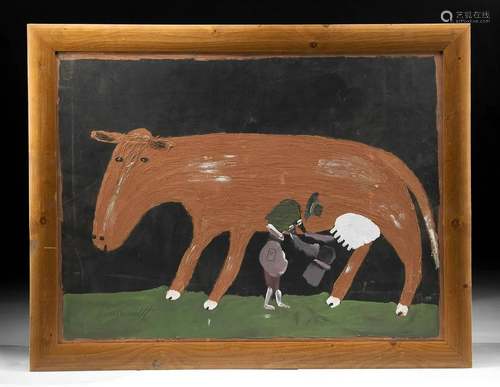 Signed Jimmy Lee Sudduth Painting - "Milking the Cow&qu...