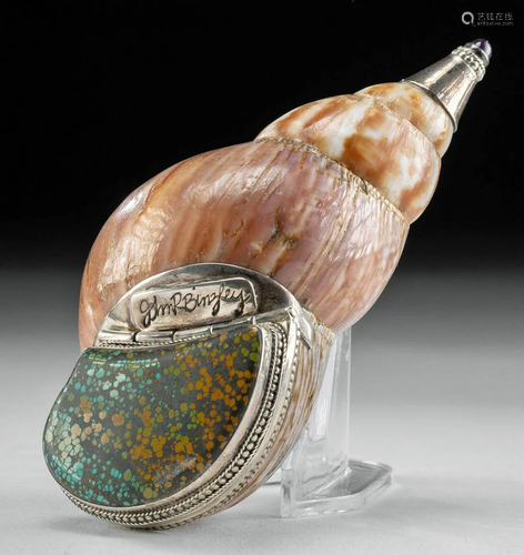 John Binzley Shell Container w/ Silver, Stone Inlays