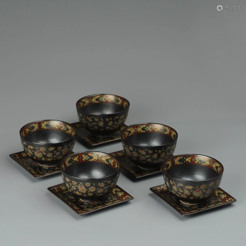 Japanese Enamel Painted Ceramic Tea Cups - Five