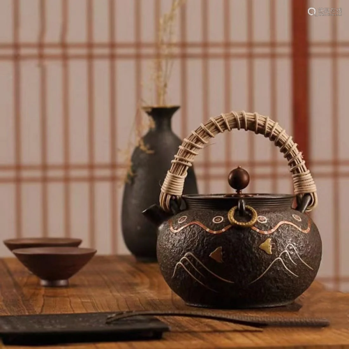 Japanese Showa period gold and silver inlay - iron teapot