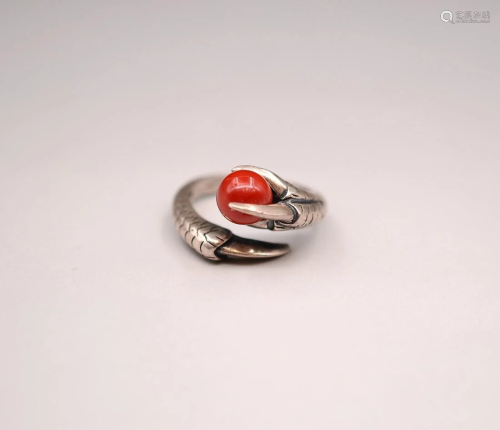 Antique Silver Inlaid Coral Ring