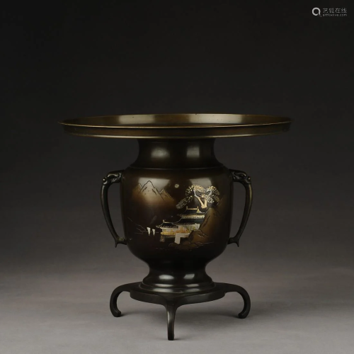 Japanese Meiji period silver inlaid bronze vase - flower ves...
