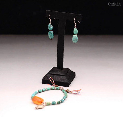 Tibetan Turquoise Amber Bracelet/Earring Set