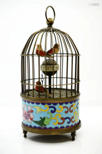 Cloisonne Enamel Bronze Mechanical Birdcage Clock