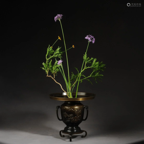 Japanese Meiji period bronze carving vase - flower vessel