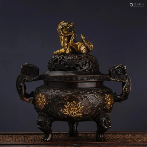 Chinese bronze lion lotus incense burner