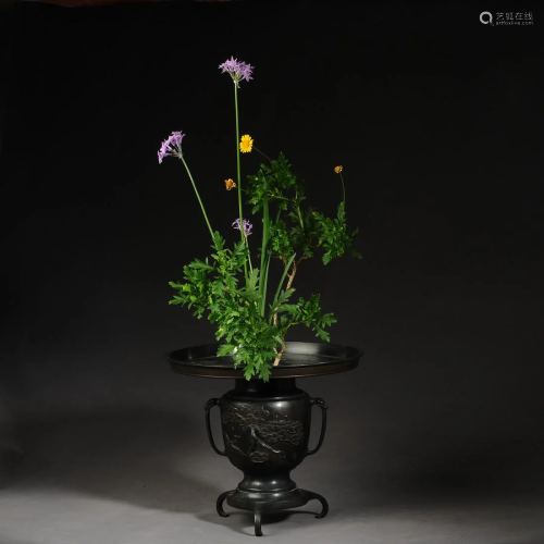 Japanese Meiji Bronze Crane Vase - Flower Vessel