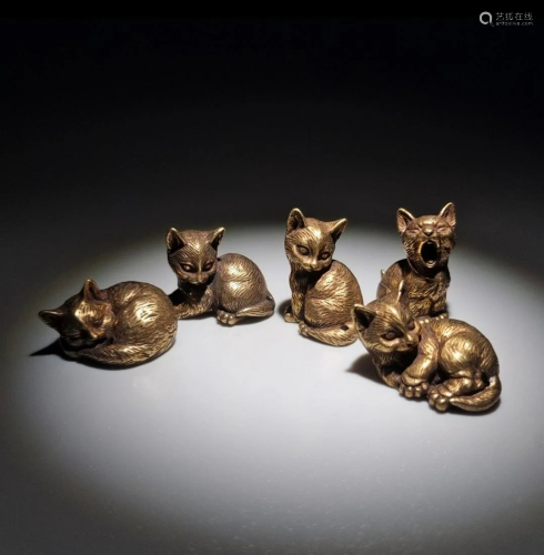 Five Japanese bronze kittens in different poses