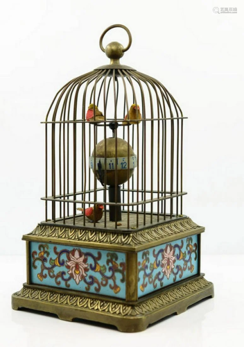 Cloisonne Enamel Bronze Mechanical Birdcage Clock