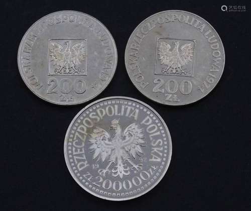 3 MÜNZEN POLEN, 200.000 UND 2X 200 ZLOTY, ZUS. 45,2G.