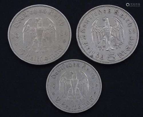 3X REICHSMARK MÜNZEN, 1X 2 REICHSMARK, 2X 5 REICHSMARK