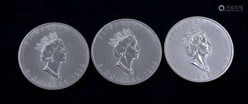 3X 5 DOLLARS 1993 CANADA, JE 1 OZ FEINSILBER 0.999