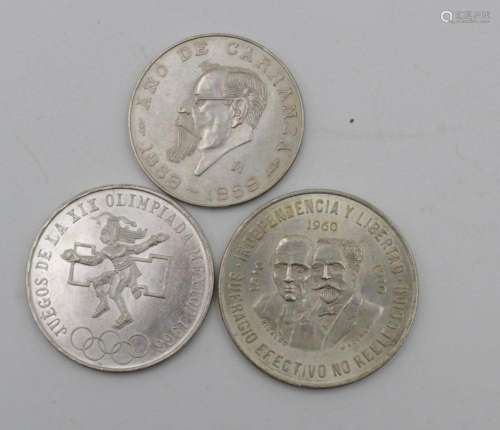 3X MÜNZEN MEXICO, 1959, 1960 UND 1968, ZUS. 69,6GR.