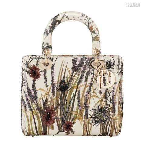 CHRISTIAN DIOR, LADY DIOR WHITE & MULTICOLOUR FLOWER EMB...