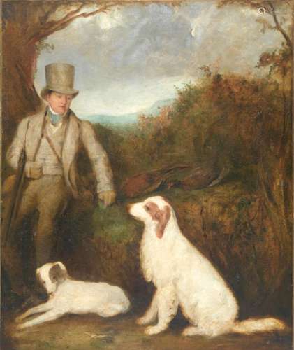 Ecole anglaise du XIXe siècleJeune chasseur et ses chiensHui...