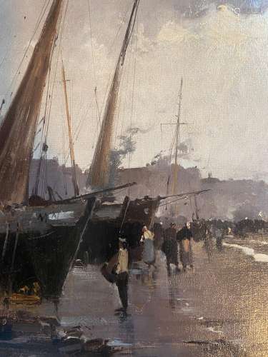 Eugène GALIEN-LALOUE (1854-1941)Bateaux amarrés sur plageHui...