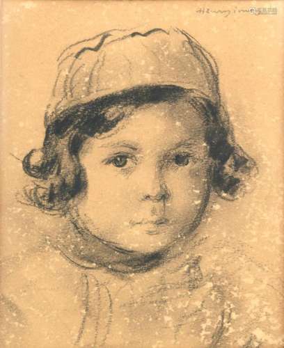 Henri SIMON  (1910 1987) Portrait d'enfant au bonnet Cra...