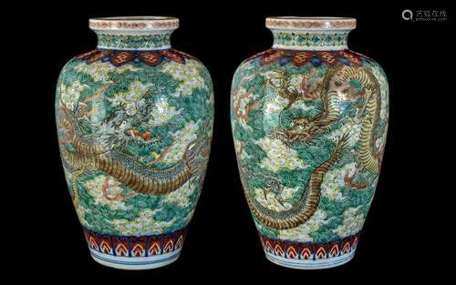 A Pair of Early 20th Century Japanese Ceramic Vases, Depicti...