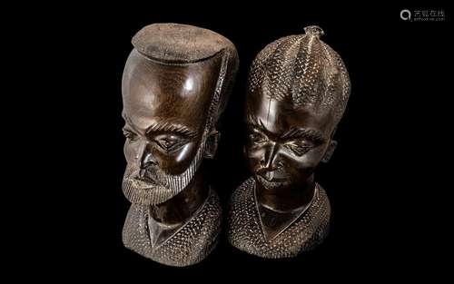 Pair of African Wooden Head Sculptures, male and female, tra...