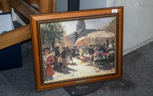 Signed Print - View of a Flower Market In the Town Square, o...