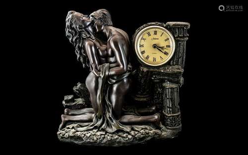 Mantle Clock & Sculpture, depicting a couple embracing, ...