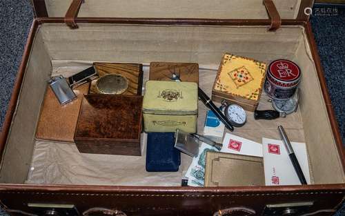 Suitcase of Collectible Items, comprising wooden stamp box w...