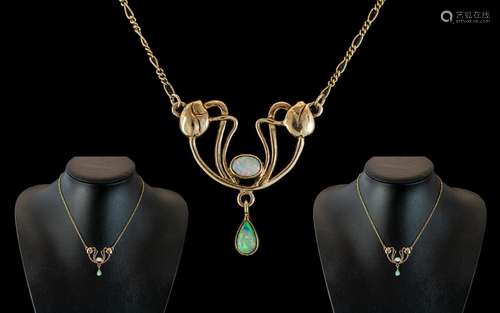 Art Nouveau ( Tulips ) Design 9ct Gold Opal Set Pendant Drop...