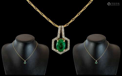 18ct Gold Diamond and Emerald Set Pendant Drop - Attached to...