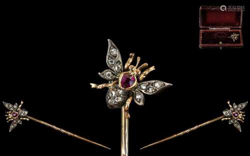 Antique Period - Scarce 18ct Gold Ruby and Rose Cut Diamond ...