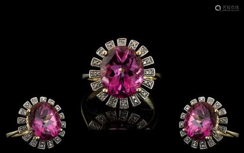 Ladies 9 ct Gold - Attractive 1970`s Pink Stone and Diamond ...