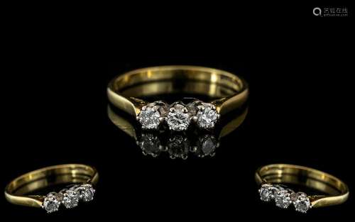 18ct Gold - Attractive 3 Stone Diamond Set Ring. Fully Hallm...