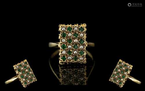 Ladies - Attractive 9ct Gold Pearl and Emerald Set Ring, Exc...