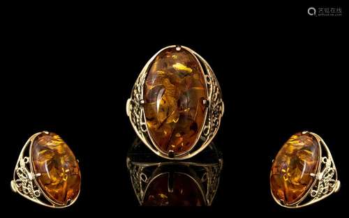 18ct Gold - Attractive Single Stone Amber Set Ring With Open...