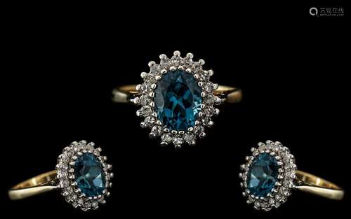 Ladies 9ct Gold Attractive Diamond and Aquamarine Set Cluste...