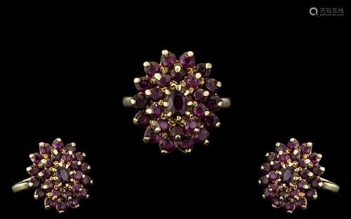 Ladies 9ct Gold Large Garnet Set Dress Ring, Flower head Set...