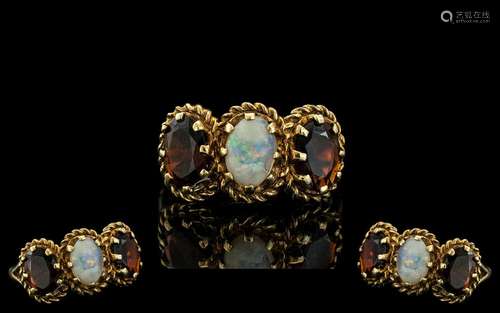 Ladies Attractive 9ct Gold - 3 Stone Opal and Garnet Set Rin...