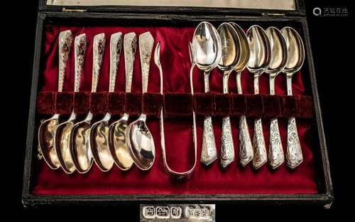 Edwardian Period Boxed Set of 12 Sterling Silver Teaspoons a...