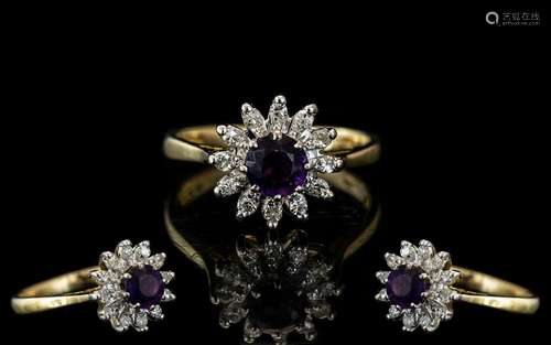 18ct Gold Diamond and Amethyst Cluster central amethyst surr...