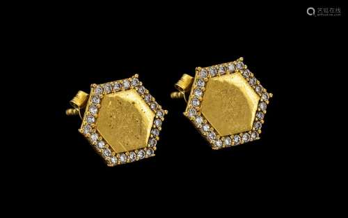 18ct Gold Diamond Set Earrings Hexagonal Front, Set With 24 ...