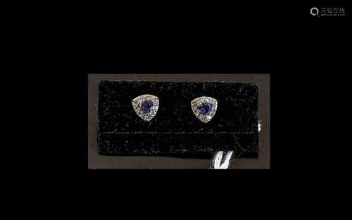 Tanzanite Trillion Cut Halo Stud Earrings, solitaire, trilli...