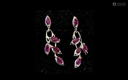 Ruby `Leaves` Drop Earrings, each earring having four marqui...