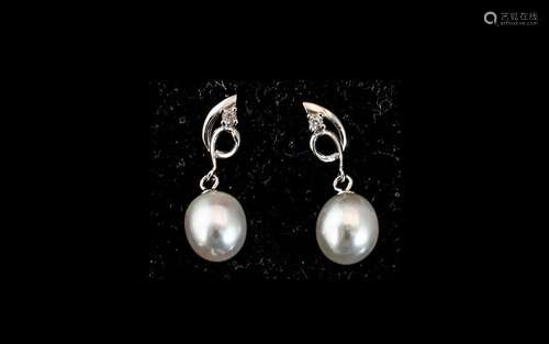 White Cultured Pearl Drop Earrings, single ovoid white pearl...